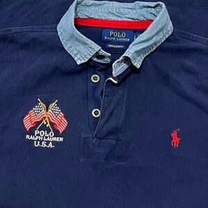 Polo Ralph LaurenBlue USA FLAG Chambray Collar Custom Slim Fit L Large RARE!!